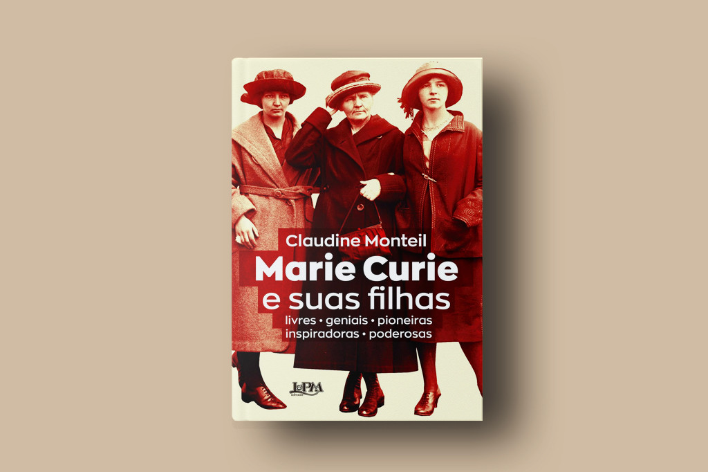 Imagem, em fundo marrom claro, do livro Marie Curie e suas filhas.