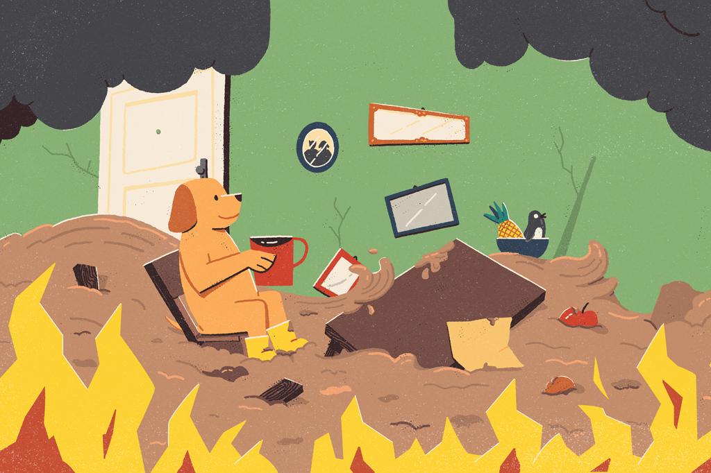 Ilustra&ccedil;&atilde;o, em fundo verde, de um cachorro, de pelo marrom, segurando uma caneca, sentado numa sala invadida por lama, fuma&ccedil;a e fogo.