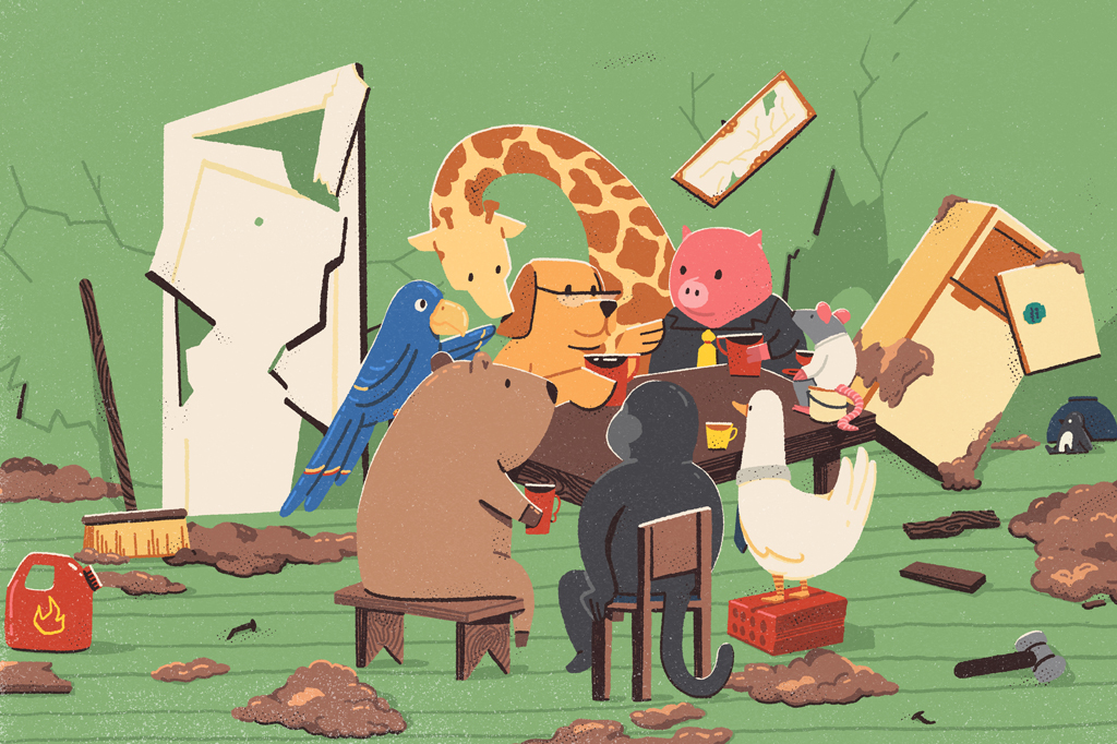 Ilustra&ccedil;&atilde;o c&ocirc;mica, em fundo verde, de um cachorro, de pelo marrom, usando &oacute;culos, reunido com outros bichos &ndash; uma arara azul, uma girafa, um macaco, um pato, um rato, um porco e uma capivara &ndash; numa mesa.