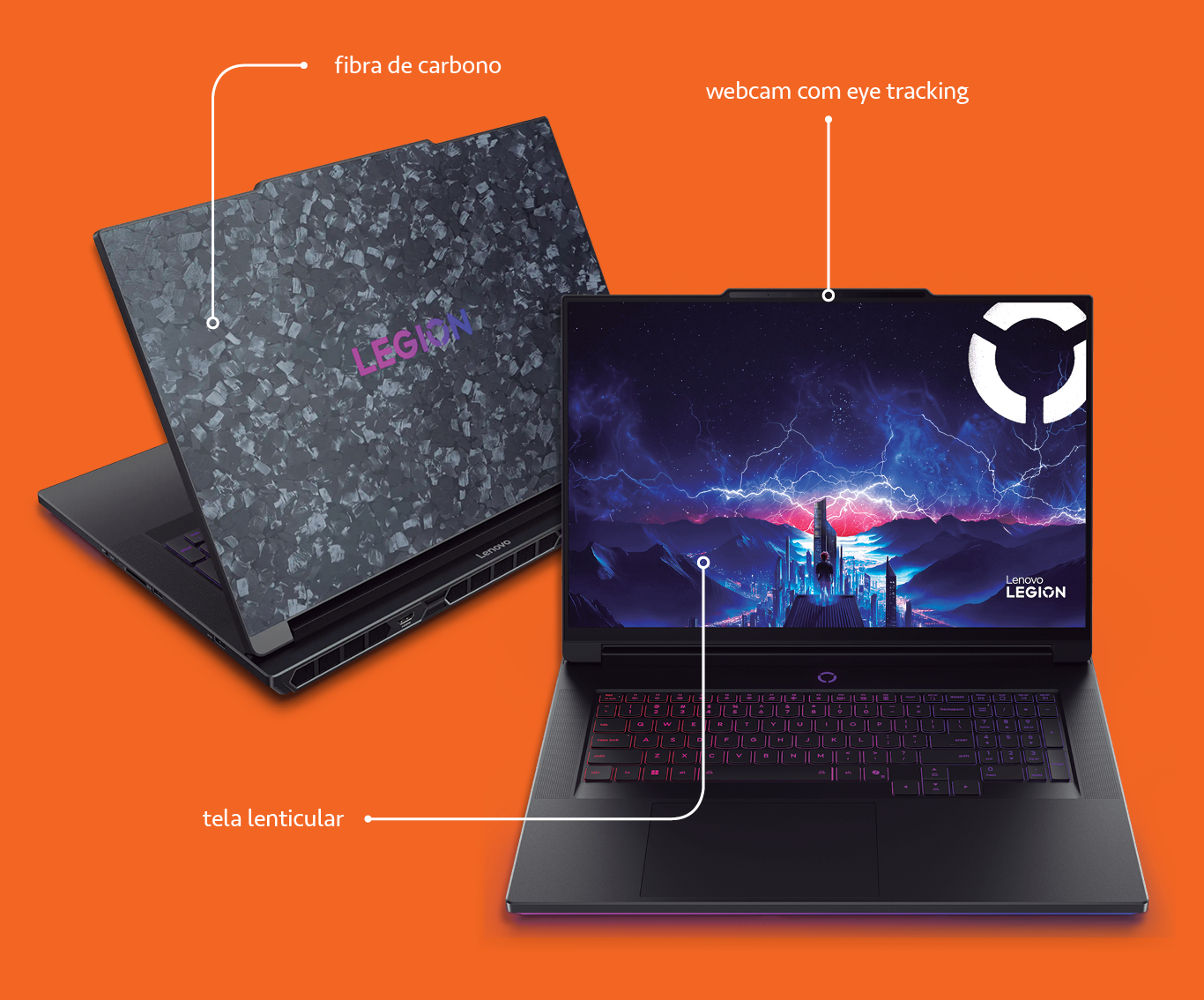 Imagem, em fundo laranja, de dois notebooks pretos.