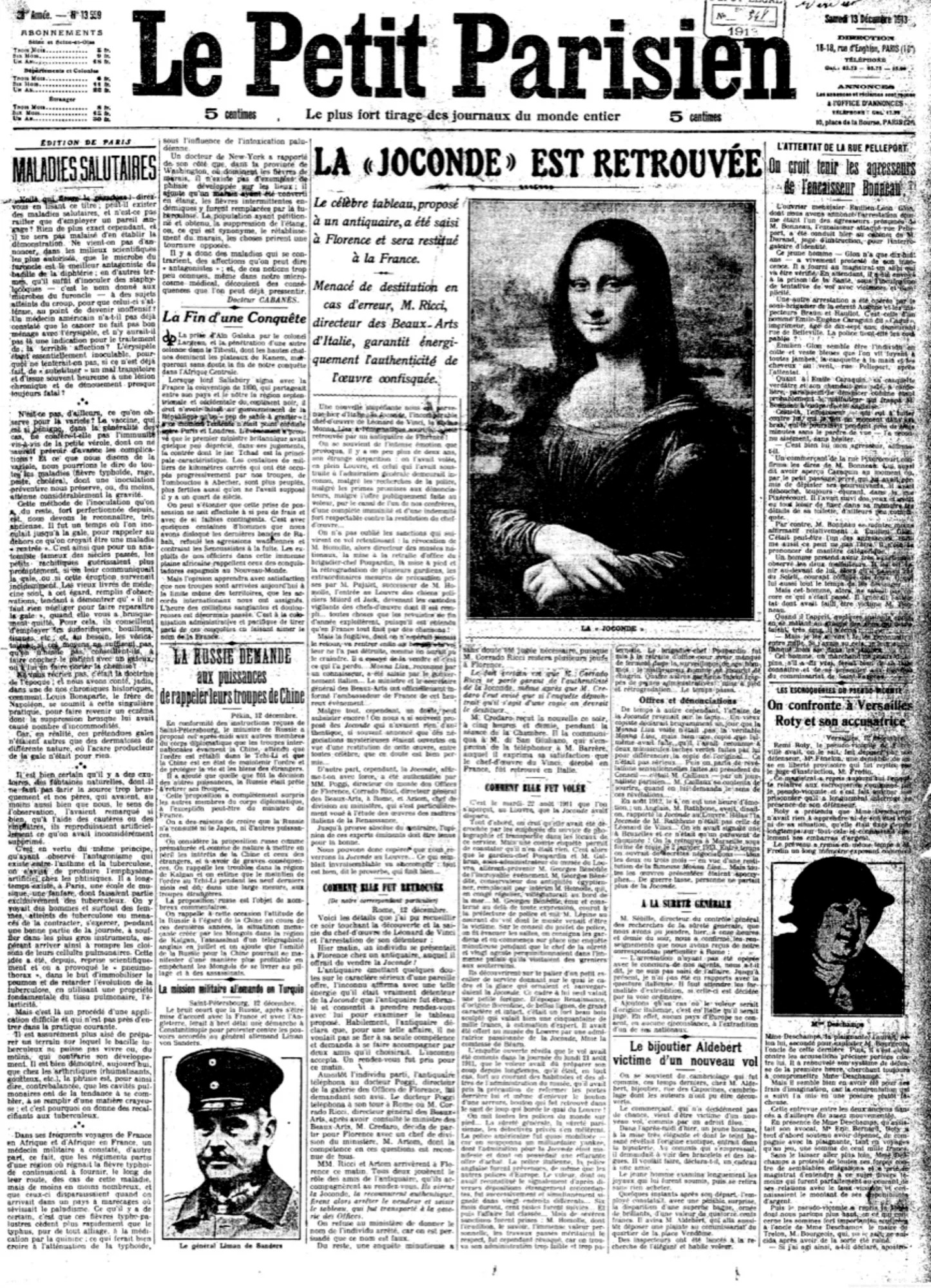 capa de jornal antigo, com a mona lisa em destaque