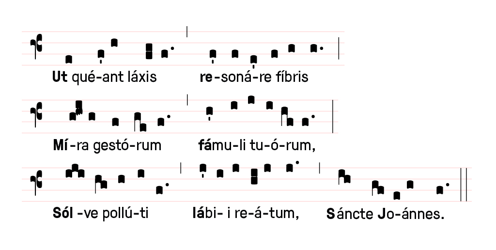 Primeira estrofe do hino Ut queant laxis eem nota&ccedil;&atilde;o quadrada sobre tetragrama.