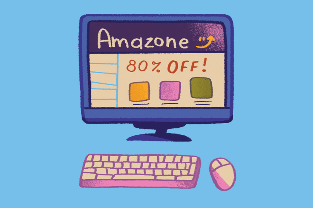 Ilustra&ccedil;&atilde;o, em fundo azul, de um computador com a tela num site de compras on-line.