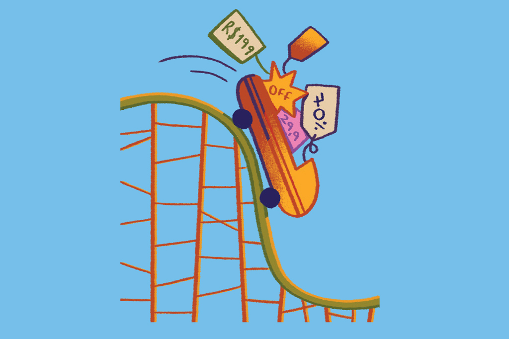 Ilustra&ccedil;&atilde;o, em fundo azul, de um carrinho de montanha-russa descendo pelos trilho carregando etiquetas de pre&ccedil;os.