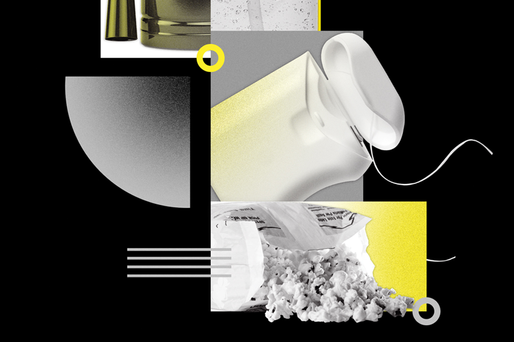 Colagem, em fundo preto, feita com imagens de uma embalagem de fio dental e um saco de pipoca de microondas.