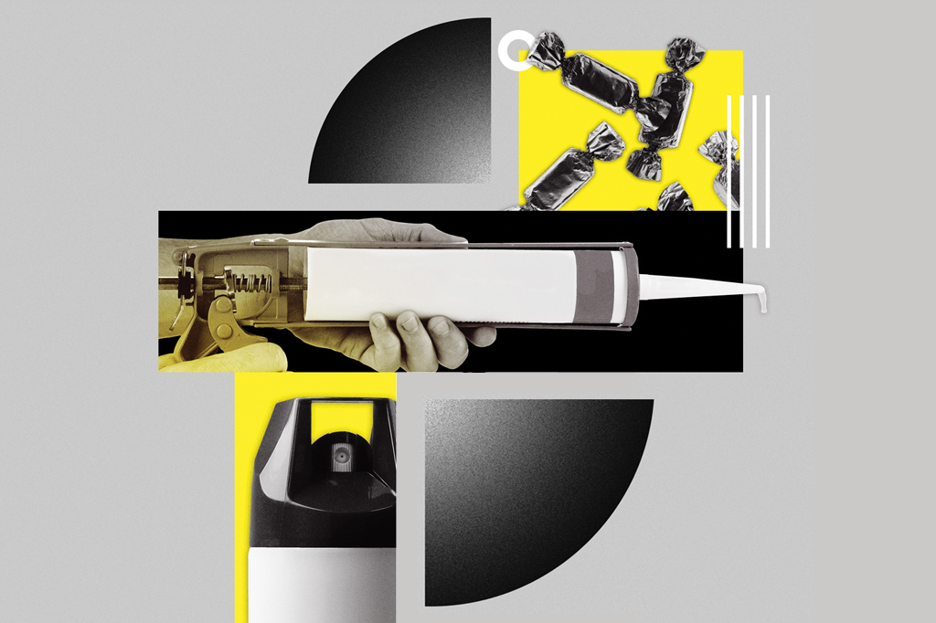 Colagem, em fundo cinza, feita com imagens de balas toffel, um tubo de silicone e um tubo de spray.