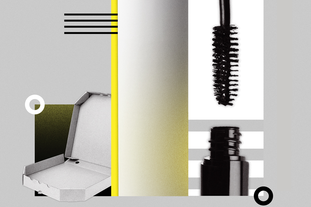 Colagem, em fundo cinza, feita com imagens de uma embalagem de pizza, um tubo de spray e uma embalagem de rimel.