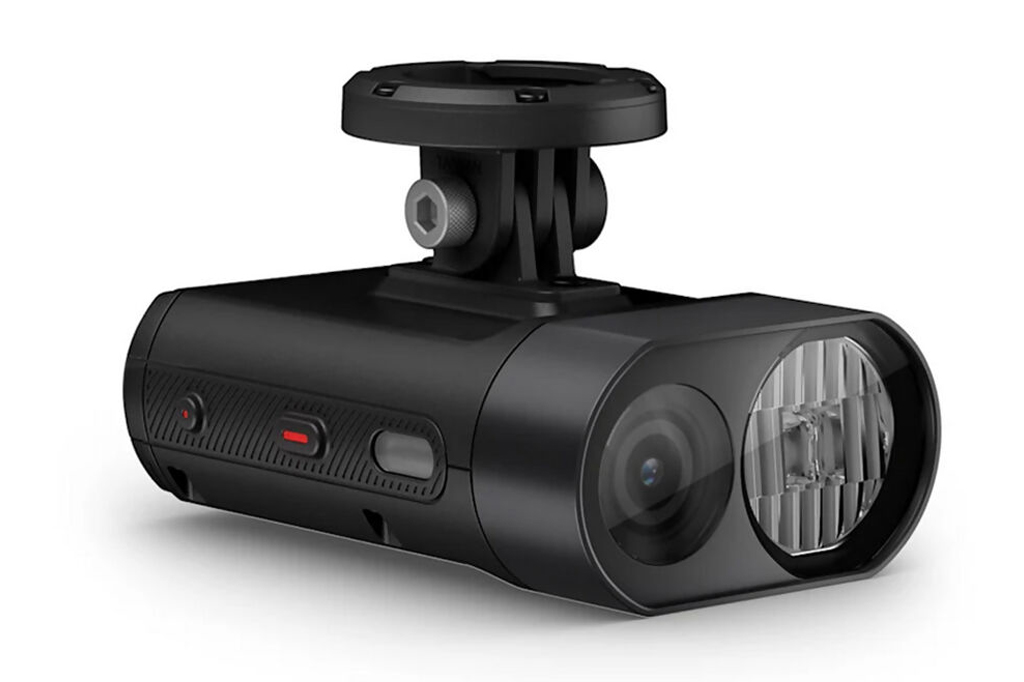 Imagem, em fundo branco, de uma c&acirc;mera preta para bicicletas.