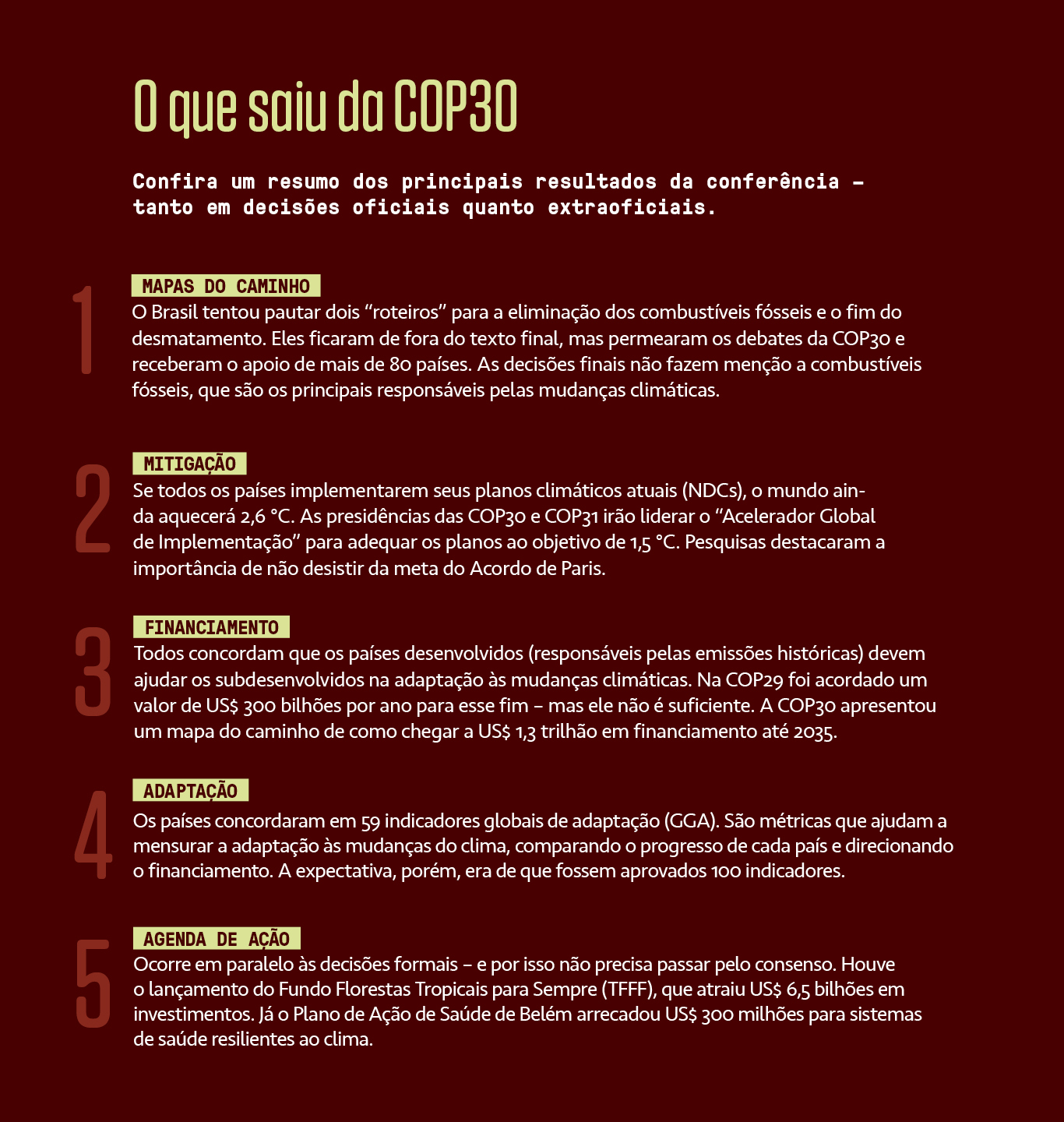 Tabela, em fundo marrom, com informa&ccedil;&otilde;es sobre a COP30.
