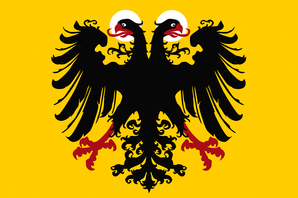 Imagem, em fundo amarelo, do estandarte do Sacro imp&eacute;rio Romano Germ&acirc;nico. V&ecirc;-se uma &aacute;guia preta com duas cabe&ccedil;as.