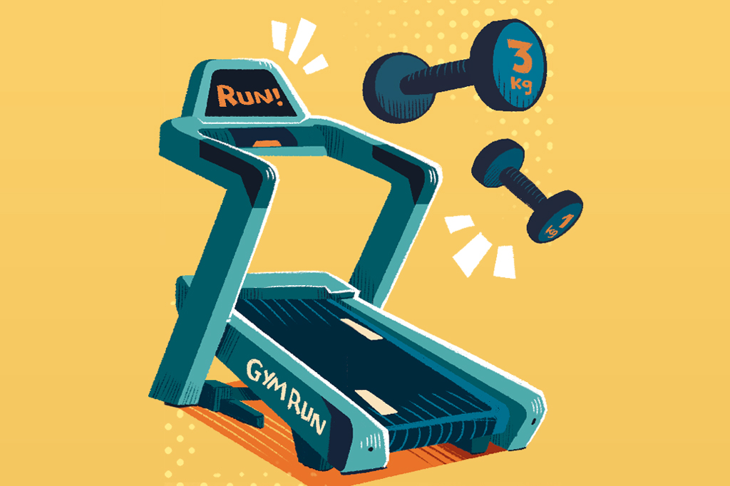 Ilustra&ccedil;&atilde;o, em fundo alaranjado, de um esteira autom&aacute;tica de academia e dois pesos de muscula&ccedil;&atilde;o.
