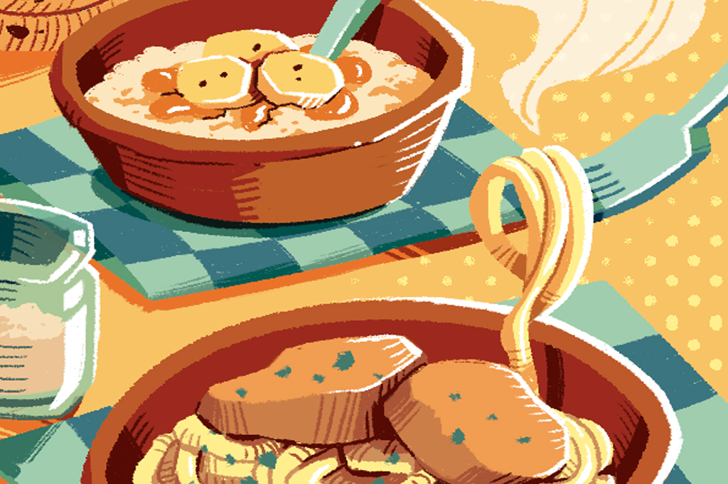 Ilustra&ccedil;&atilde;o, em fundo alaranjado, de dois pratos de comida.