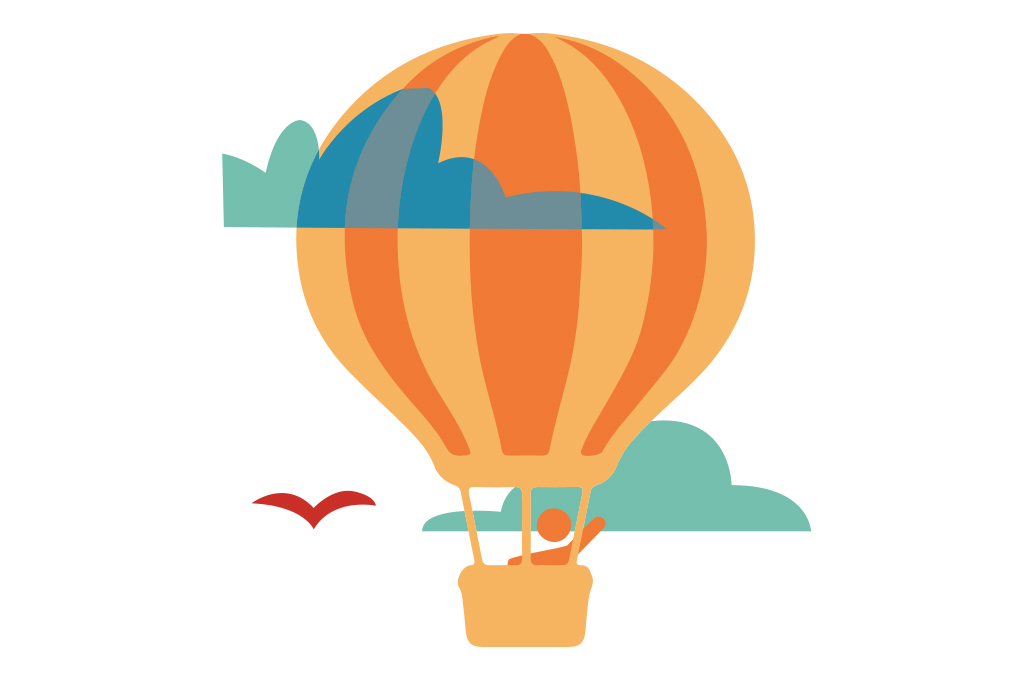 Ilustra&ccedil;&atilde;o, em fundo branco, de uma pessoa dentro de um cesto voando num bal&atilde;o.