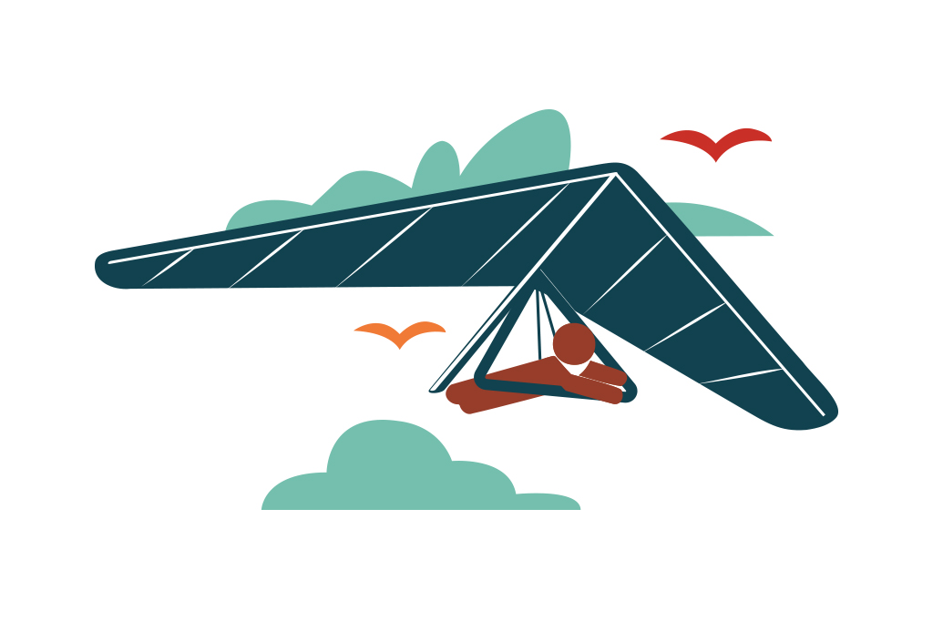 Ilustra&ccedil;&atilde;o, em fundo branco, de uma pessoa voando de asa delta.