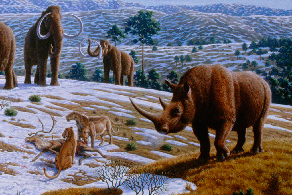 Ilustra&ccedil;&atilde;o da paisagem da megafauna nas estepes da Eur&aacute;sia