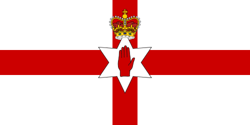 Bandeira da Irlanda do Norte: cruz vermelha sobre fundo branco; ao centro da cruz, uma estrela branca; dentro da estela, uma m&atilde;o vermelha; acima da estrela, uma coroa.