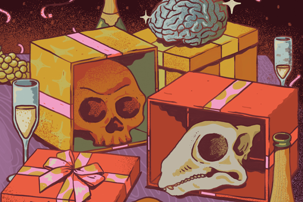 Ilustra&ccedil;&atilde;o de f&oacute;sseis embalados em caixas de presente. V&ecirc;-se um cr&acirc;nio humano e outro de dinossauro. Ao redor, v&ecirc;-se cacho de uvas, garrafas e ta&ccedil;as de champanhe.