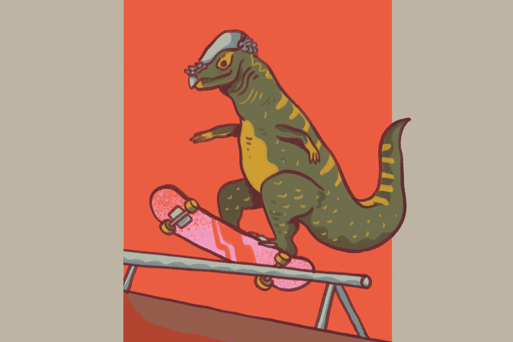 Ilustra&ccedil;&atilde;o, em fundo areia, de dinossauro andando de skate.