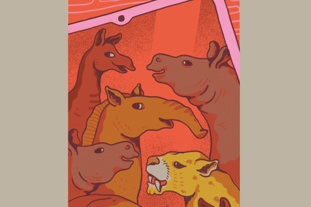 Ilustra&ccedil;&atilde;o, em fundo areia, de cinco mam&iacute;feros pr&eacute;-hist&oacute;ricos fazem pose para uma foto.