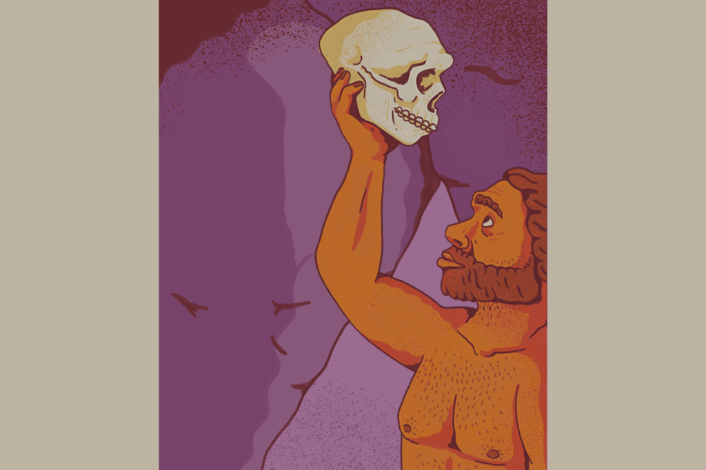 Ilustra&ccedil;&atilde;o, em fundo areia, de um homem pr&eacute;-hist&oacute;rico erguendo um cr&acirc;nio humano e olhando para ele.
