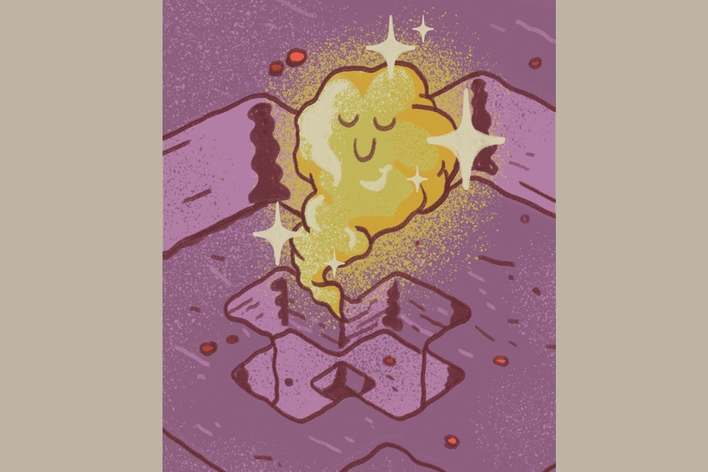 Ilustra&ccedil;&atilde;o, em fundo areia, de um nuvem de fuma&ccedil;a saindo de um buraco em forma de cruz.