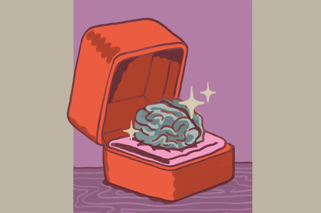 Ilustra&ccedil;&atilde;o, em fundo areia, de um grande porta joia com um c&eacute;rebro humano.