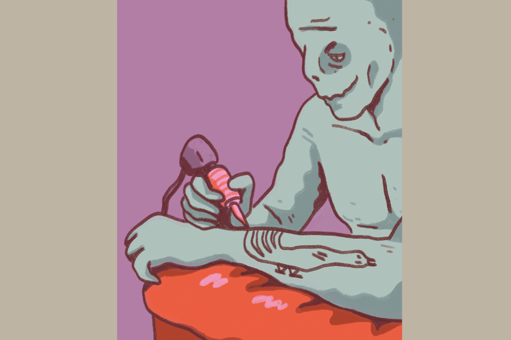 Ilustra&ccedil;&atilde;o, em fundo areia, de uma m&uacute;mia tatuando o pr&oacute;prio corpo.