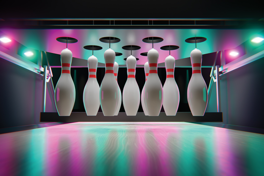 Imagem de uma pista de boliche. V&ecirc;-se dez pinos sendo colocados na pista.