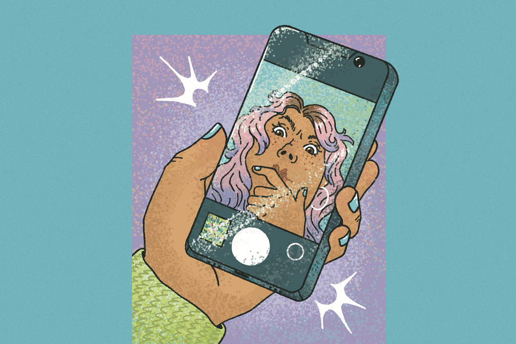 Ilustra&ccedil;&atilde;o, em fundo verde, de uma m&atilde;o feminina segurando um smartphone. Na tela v&ecirc;-se a imagem espelhada de uma garota.
