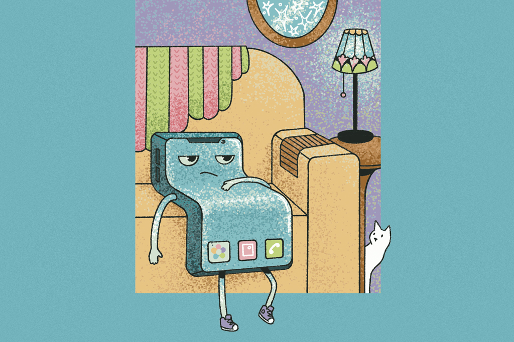 Ilustra&ccedil;&atilde;o c&ocirc;mica, em fundo verde, de um telefone celular entediado, descansando num sof&aacute;.