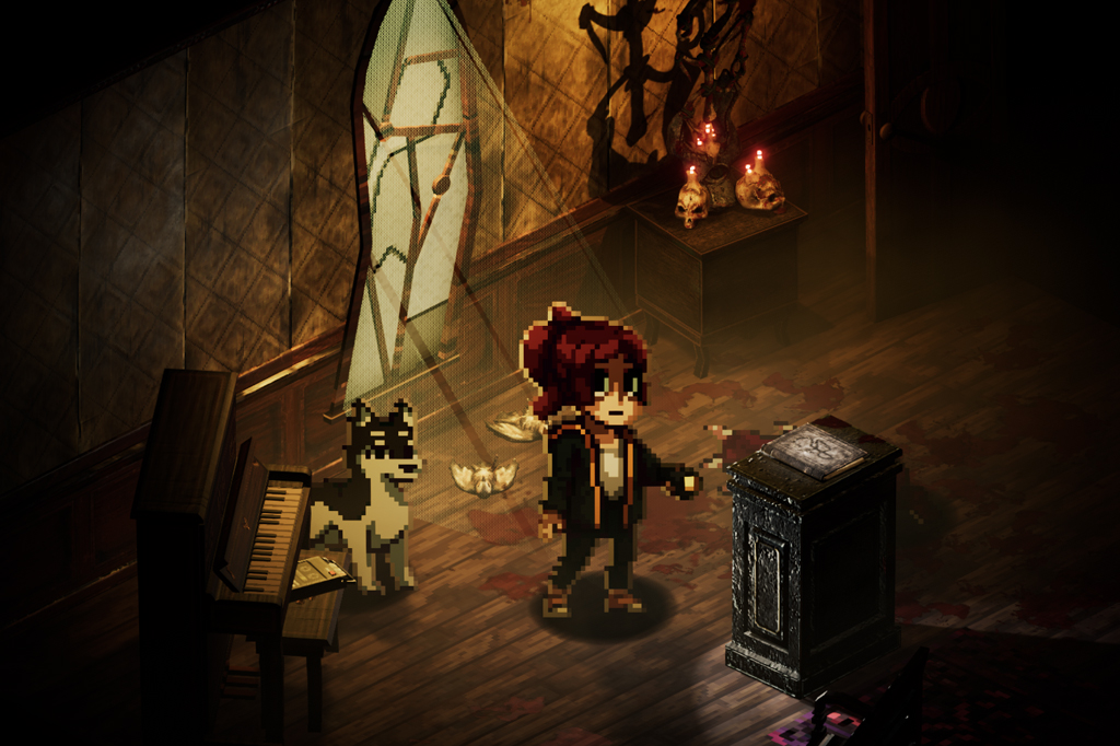 Imagem do jogo de v&iacute;deo game Enigma do Medo. V&ecirc;-se uma menina e seu c&atilde;o de uma sala de m&uacute;sicas parcialmente iluminada por um candelabro de velas.