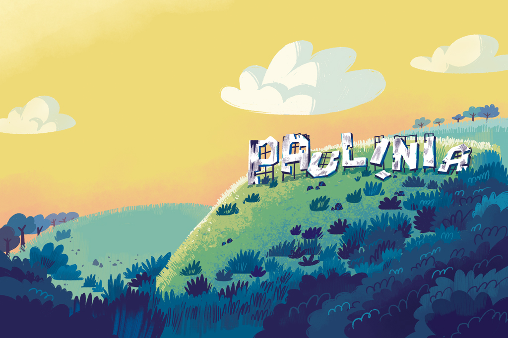 Ilustração de um morro verde com o letreiro "Paulinia" em péssimo estado.