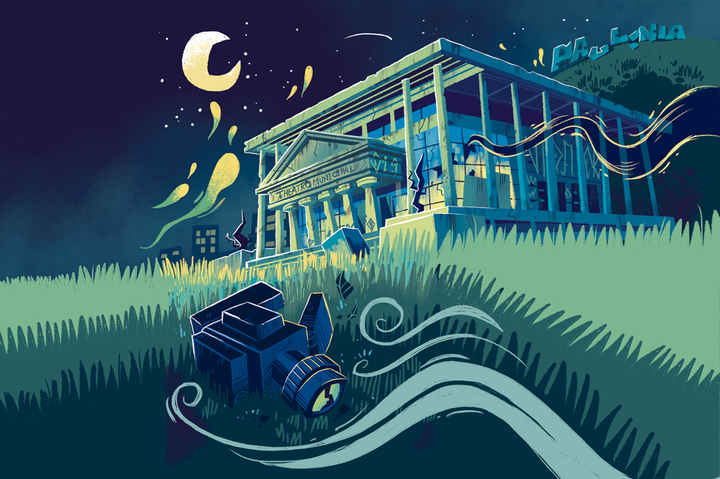 Ilustra&ccedil;&atilde;o de um pal&aacute;cio, em estilo greco-romano, em p&eacute;ssimo estado. Em primeiro plano, v&ecirc;-se uma c&acirc;mera filmadora abandonada.