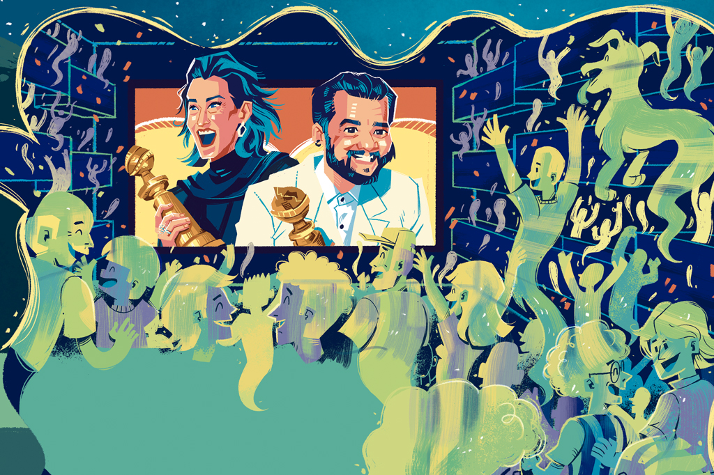 Ilustra&ccedil;&atilde;o de um grupo de pessoas comemorando a premia&ccedil;&atilde;o de dois atores brasileiros.