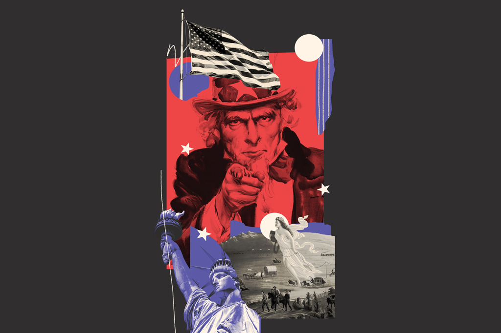 Colagem, em fundo preto, de cenas hist&oacute;ricas dos EUA.