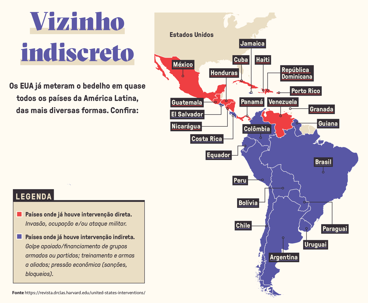 Mapa mostrando a influ&ecirc;ncia dos Estado Unidos nos pa&iacute;ses da Am&eacute;rica Central e Am&eacute;rica do Sul.