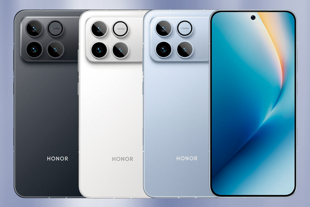 Imagem, em fundo lil&aacute;s, de quatro smartphones.