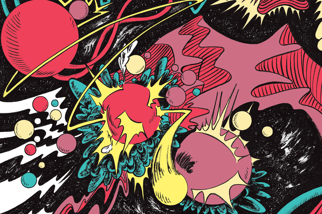 Ilustra&ccedil;&atilde;o c&oacute;smica, multicolorida, em estilo retr&ocirc;. V&ecirc;-se, de forma aleat&oacute;ria, planetas e raios se chocando.