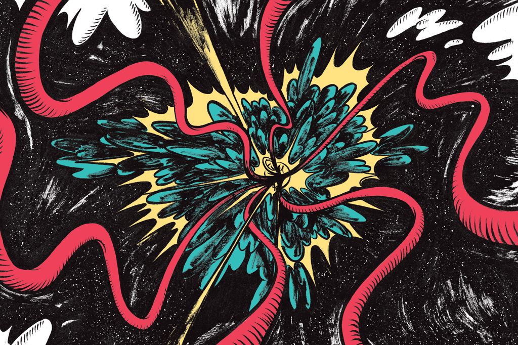 Ilustra&ccedil;&atilde;o c&oacute;smica, multicolorida, em estilo retr&ocirc;. V&ecirc;-se, de forma aleat&oacute;ria, raios.