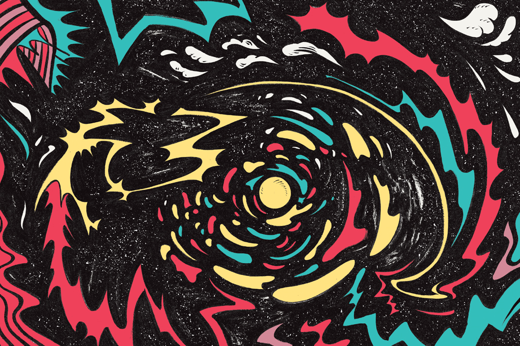 Ilustra&ccedil;&atilde;o c&oacute;smica, multicolorida, em estilo retr&ocirc;. V&ecirc;-se, de forma aleat&oacute;ria, planetas e raios em forma de espiral.