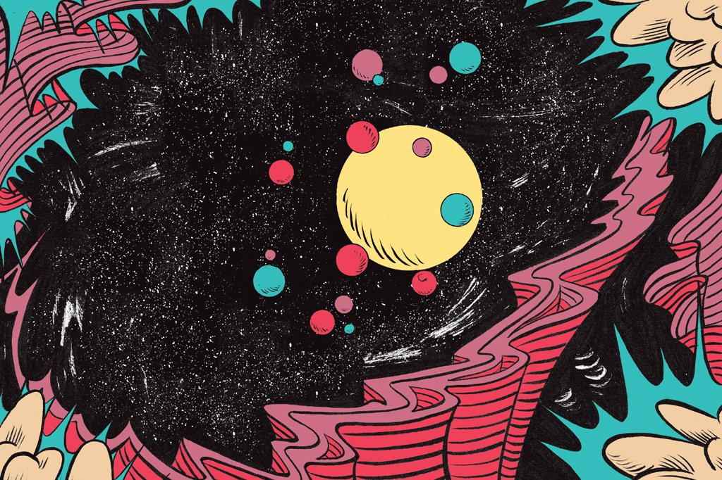 Ilustra&ccedil;&atilde;o c&oacute;smica, multicolorida, em estilo retr&ocirc;.