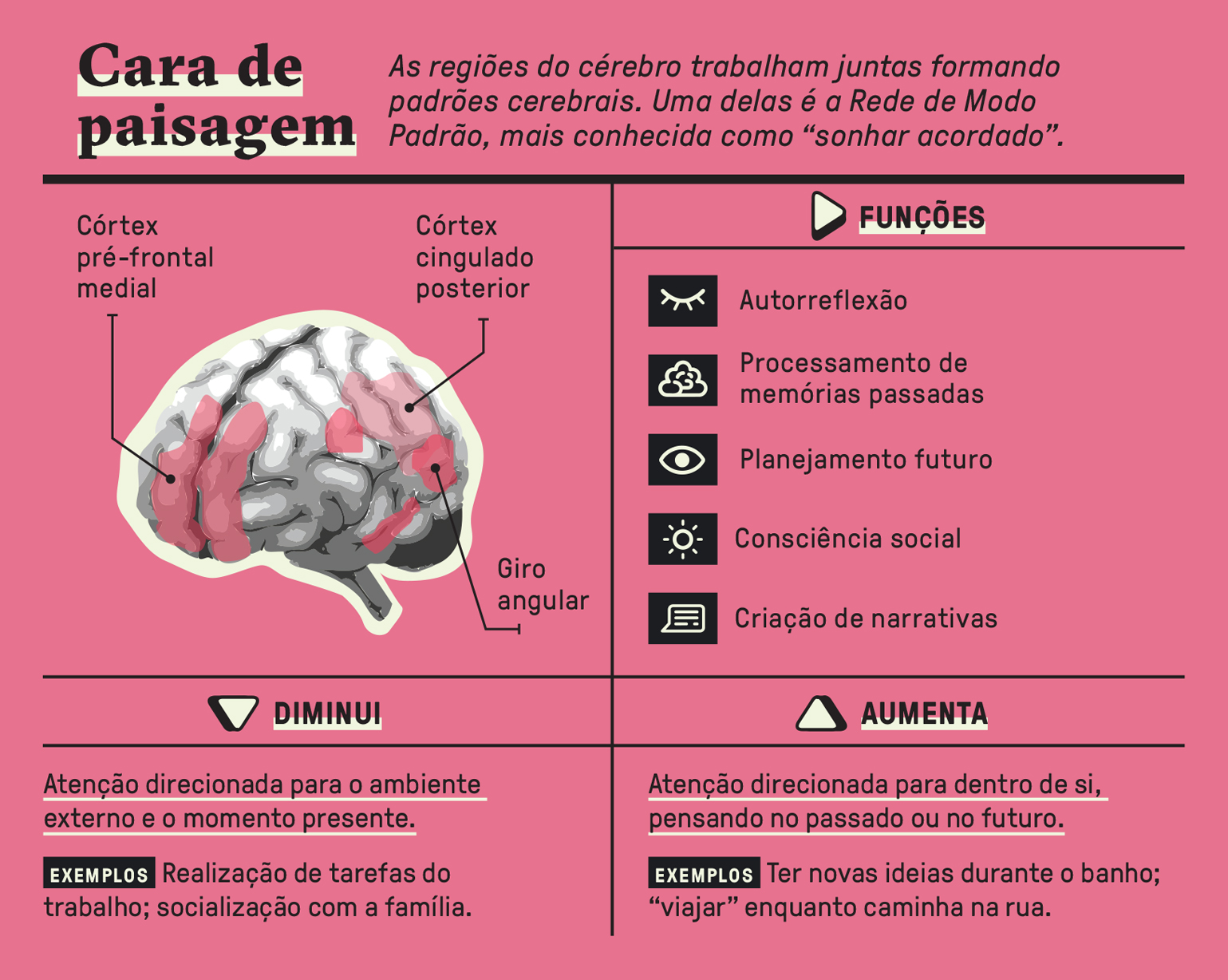 Tabela, em fundo rosa, com fun&ccedil;&otilde;es do c&eacute;rebro.