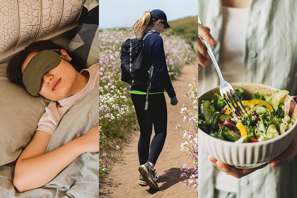Três fotografias, uma pessoa dormindo, correndo e comendo saudavelmente.