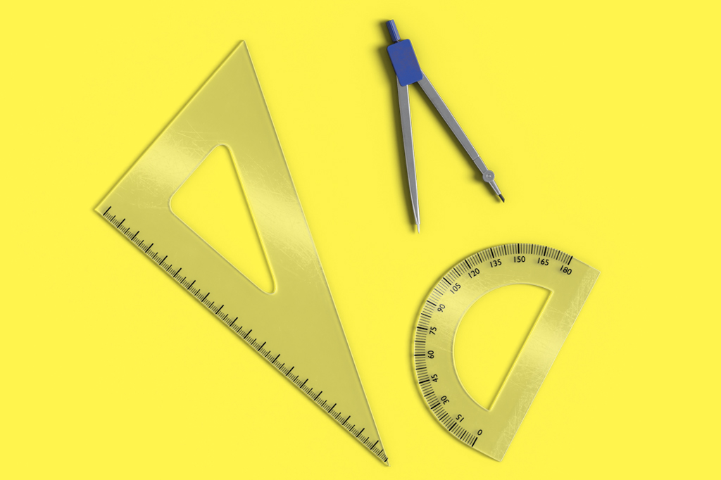 Imagem, em fundo amarelo, de um esquadro, um transferidor e um compasso.