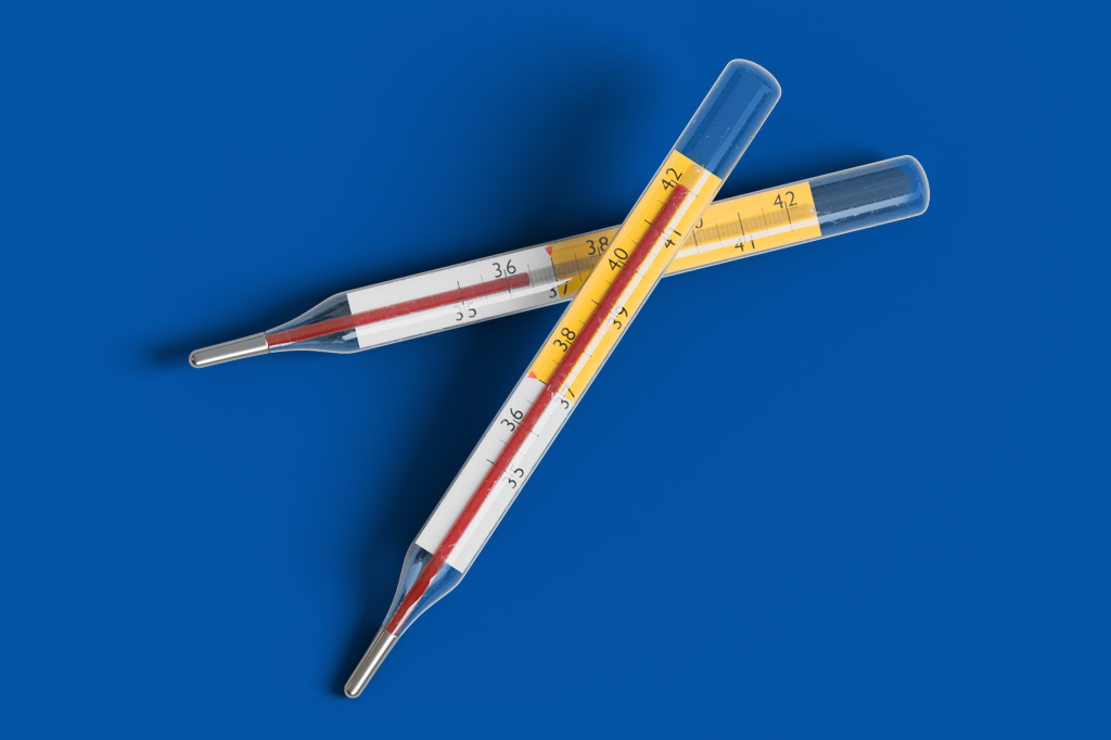 Imagem, em fundo azul anil, de dois term&ocirc;metros.