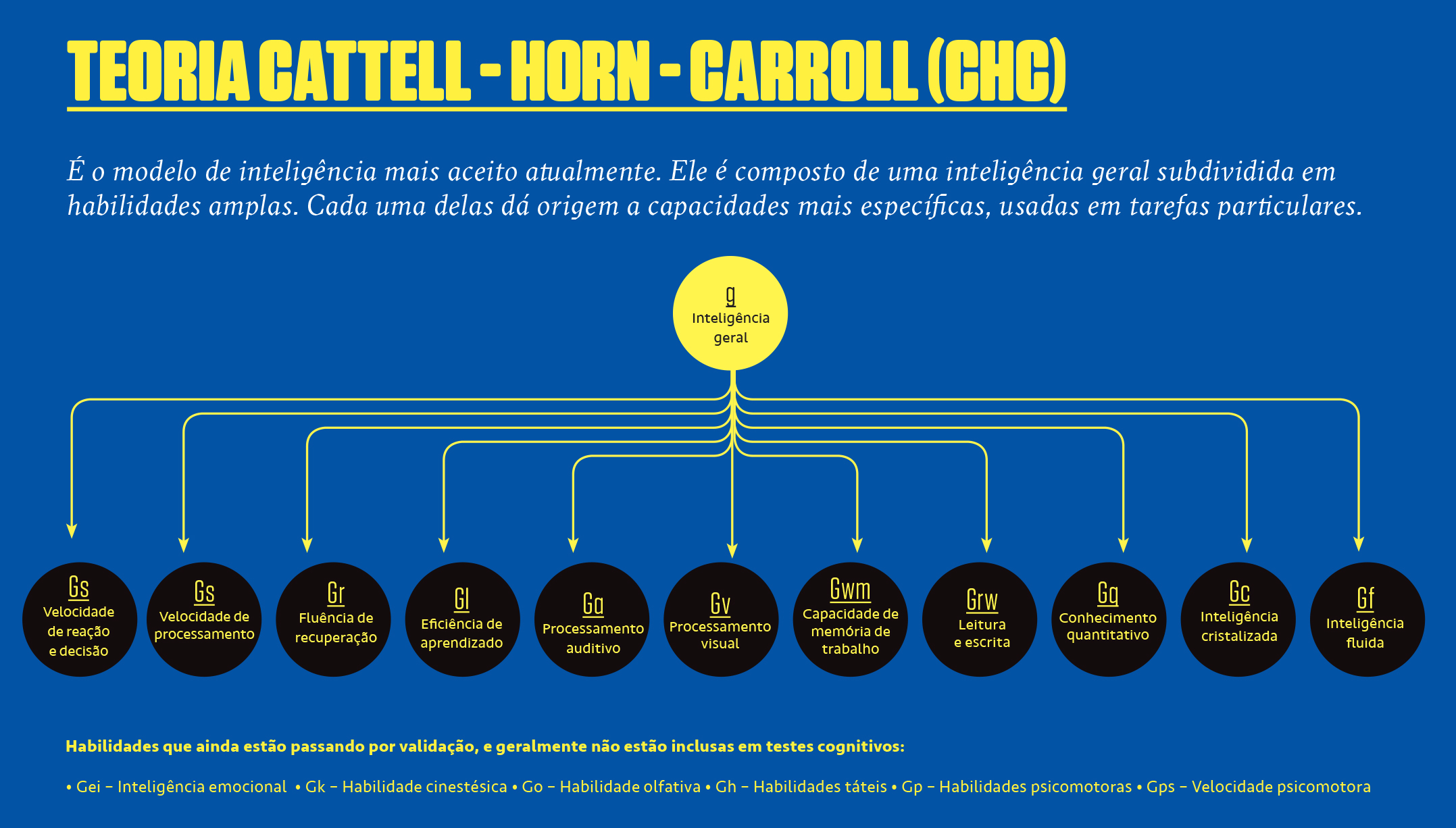 Gr&aacute;fico, em fundo azul, com o modelo de intelig&ecirc;ncia Cattell-Horn-Carroll.