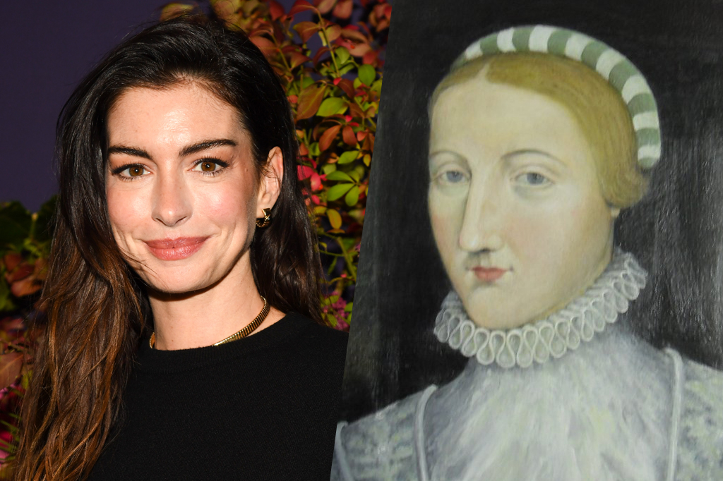 Imagem composta com as fotos de Anne Hathaway (atriz norte-americana) e Anne Hathaway (esposa de William Shakespeare).