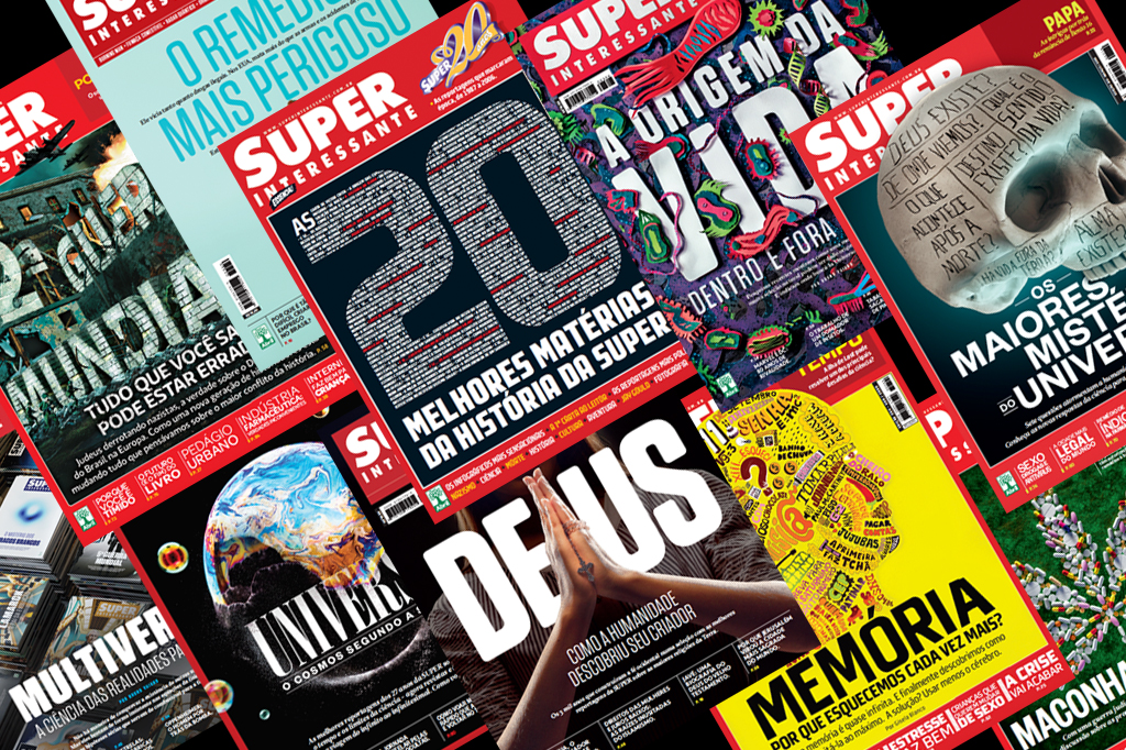 Mosaico composto com diversas capas da revista Superinteressante.
