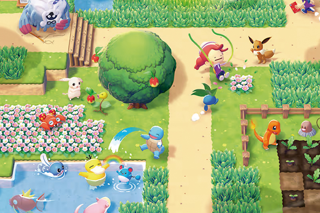 Imagem do jogo Pok&eacute;mon Pokopia. V&ecirc;-se um jardim colorido com diversos bichinhos e uma garota pulando corda.