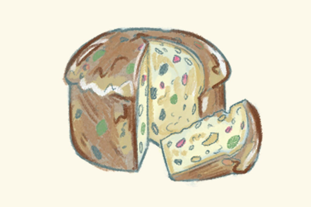 Ilustra&ccedil;&atilde;o, em fundo creme, de um panetone.